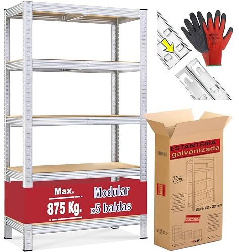 Estantería Metálica 180x90x40cm – 5 Baldas | Estanterías Almacenaje Cocina, Trastero, Garaje | Estantería Metálica Galvanizada | Estante Resistente 875kg