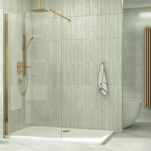 Brushed Brass 1000mm Wet Room Walk in Shower Screen with 8mm Clear Easy Clean Safety Tempered Glass Panel & Stainless Steel Support Bars Shower Enclosure Cubicle 1850mm Height