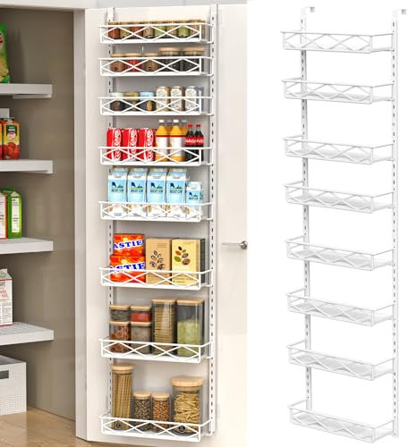 VyGrow Over The Door Storage, 8-Tier Over Door Storage | Adjustable Basket | Wood & Metal Hanging Spice Rack for Kitchen, Pantry, Cabinet, Back of Door Seasoning Rack, White