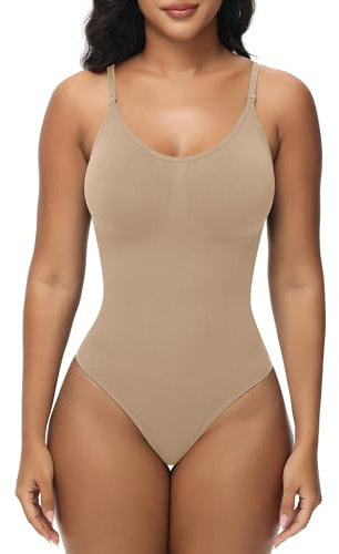Breampot Shapewear Damen Bauchweg Bodysuit Formender Vielseitige Body Shper Frauen atmungsaktiven Materialien mit Verstellbarer Schultergurt (S/M, Tanga-Beige)