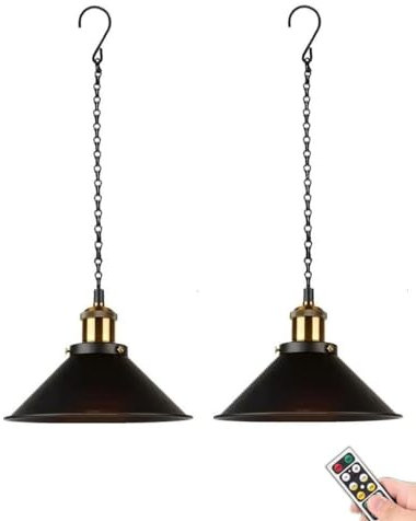 Lampada a sospensione portatile a batteria, lampada a sospensione ricaricabile con telecomando, lampada a sospensione wireless Lampadario Lanterna nera per portico da giardino interno ed esterno ( Siz