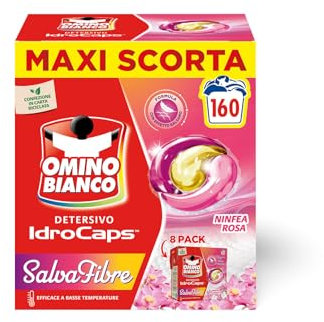 Omino Bianco Idrocaps - Detersivo Lavatrice In Capsule Salva Fibre, 160 Lavaggi, Efficace a Basse Temperature, Profumo Ninfea Rosa, 20 Caps x 8 Confezioni