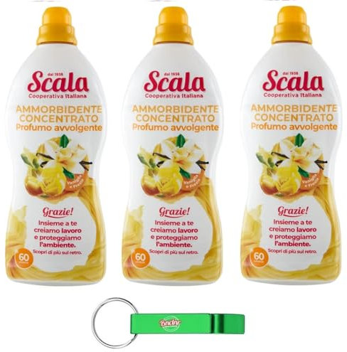3x Scala Ammorbidente Concentrato Vaniglia e Fresia 60 Lavaggi, Flacone in PET 100% riciclato Dermatologicamente testato,1500ml + Portachiavi Beni Culinari in Omaggio