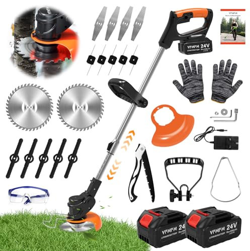 Cordless Strimmer, 24V Electric Grass Trimmers with 6x Metal Blades & 10x Plastic Blades, Telescopic Garden Strimmer with 2X 4000mAh Batteries, Battery Strimmer Grass Cutter for Garden Lawn Shrubs