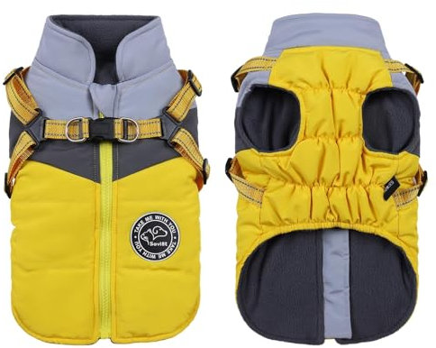 Hundejacken Savlot Hundemantel für kleine Hunde Wasserdicht Winter Warme Hunde Jacke Winddichter Wintermantel 2 in 1 Outfit Kaltwettermantel Reflektierende Welpenjacke(L, Gelb + Grau)