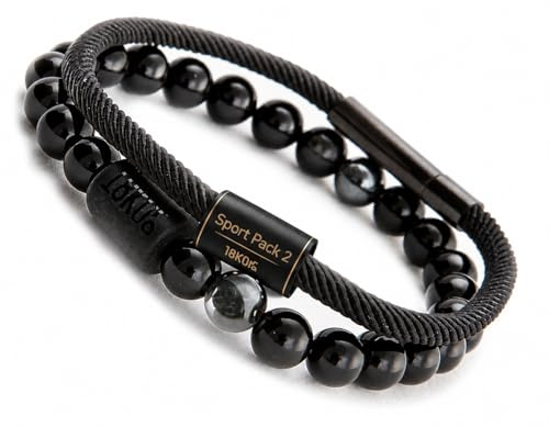 18KOra Pulseras hombre | Piedras Naturales 8mm | Set 2 piezas (ónix elástica + cuerda náutica) | Regalo elegante Día del Padre y eventos especiales, versátil, resistentes al agua y duradero