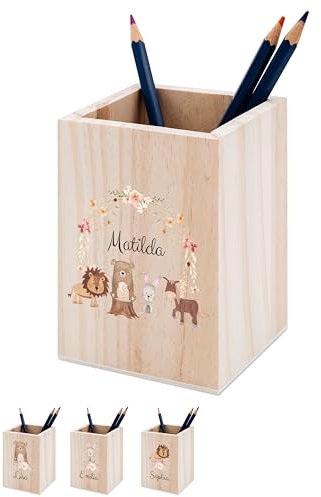wunderwunsch® - Personalisierter Stiftehalter Kinder aus Holz - Kreativer und praktischer Schreibtisch-Organizer Kinder mit Namen - Perfektes Einschulung Geschenk und Geburtstag (Tiere Blumenkreis)