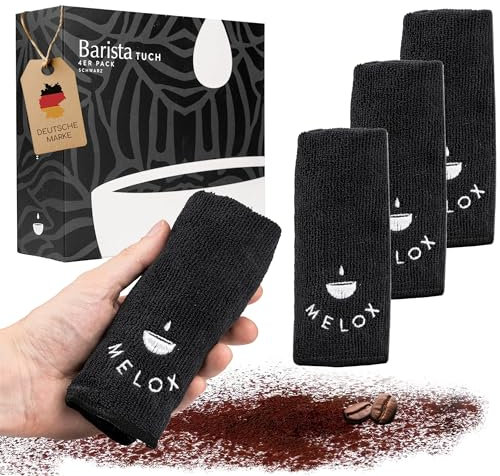 MELOX® - Juego de 4 paños de microfibra Barista de 30 x 30 cm, color negro - Toalla de limpieza para vapor, portafiltros y cafeteras - Toallitas y trapos para limpieza y cuidado absorbentes