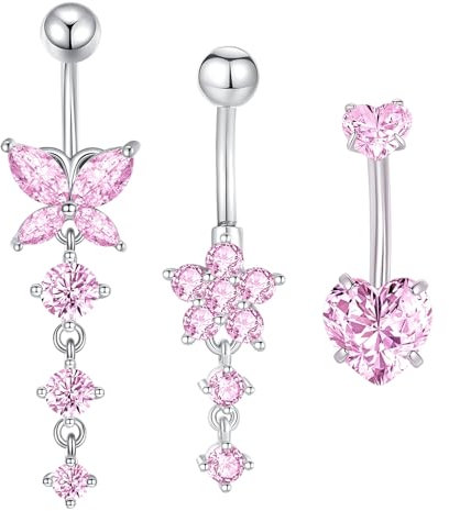 Besyvvin 3er Bauchnabelpiercing Rosa 10mm Chirurgenstahl Schmetterling Blume Anhänger Piercing Bauchnabel Herz Bauchpiercing Damen
