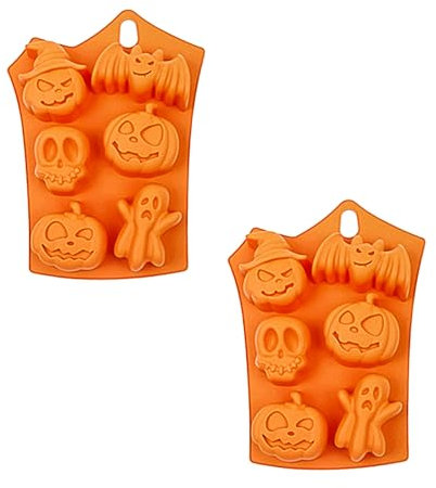 Tabanzhe 2PCS Halloween Chocolate Mould,6-Hole Silicone Pumpkin Ghost Skull Bat Shape 3D Molds Biscuit Ice Cube Trays DIY Baking Tools for Halloween Party Candy Jelly Cake Dessert Making