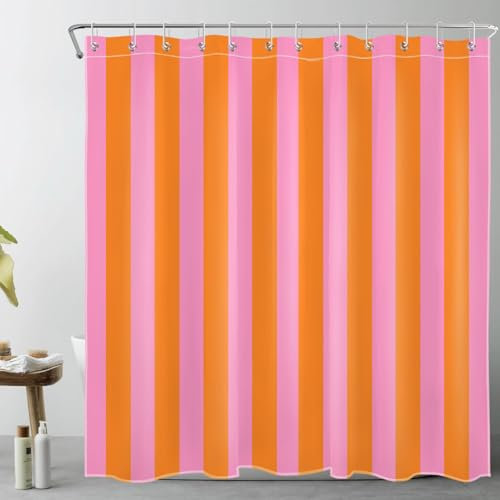 EOBTAIN Rideau de douche en tissu à rayures verticales avec 12 crochets – Rideau de douche minimaliste en polyester imperméable pour salle de bain – Motif abstrait rose et orange – 183 x 183 cm