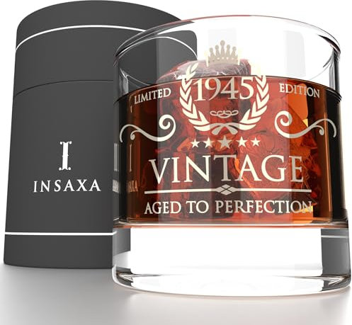 Insaxa 80th Birthday Gifts for Men - Vintage 1945 Lowball Glass Tumbler (380ml)