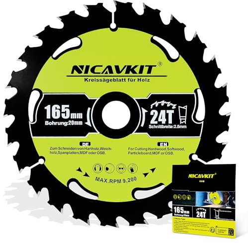 NICAVKIT Lame de Scie Circulaire Ø 165 x 20 mm Pour Bois (Diamètre 165 x 20 x 2,5 mm, 24 Dents, Accessoire) - Convient Aux Bois Tendres et Durs