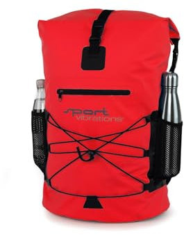 Sport Vibrations® Premium Thermo-Dry Bag Rucksack – Sehr geräumiger 30-Liter Rolltop Outdoor-Rucksack, wasserdicht, mit hochwertigem Trägersystem und praktischem Getränkehalter (Rot)