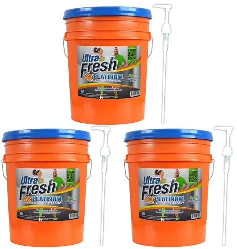 Ultra Fresh Platinum Sport 5 Gallon 6x Laundry Detergent Suitable for All Machine Type and Up to 640 Laundry Loads with Pump (3 Pack)