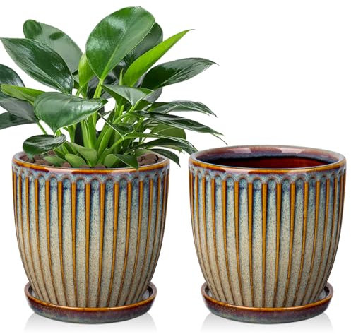 Oairse 2er-Set Keramik Gerippter Übertopf, Blumentöpfe mit Drainageloch-Untersetzern für Zimmerpflanzen, Retro-Dekoration für Gartenbehälter-Sets im Freien, Durchmesser Öffnung 15cm, Vintage Braun