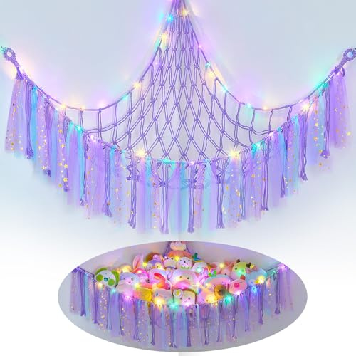 MHJY Spielzeug-Hängematte, Stofftiere, Aufbewahrungsnetz, weiche Kuscheltiere, großes Eck-Hängenetz mit LED-Licht, handgewebter Plüsch-Makramee-Organizer mit Quaste für Kinderzimmer, Kinderzimmer