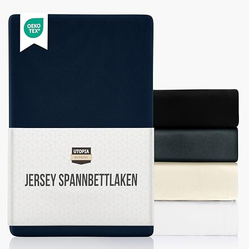 Utopia Bedding Jersey Spannbettlaken, Marineblau, 160 x 200 cm – 25 cm, Bettlaken Baumwollmischung, Oeko-Tex Zertifiziertes, Zuschnitte für Dicke Matratzen