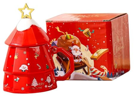 F Fityle Ceramic Christmas Mug Christmas Coffee Mug Drinkware with Lid and Handle Milk Mug Unique Cute Xmas Mug Christmas Tree Mug, red