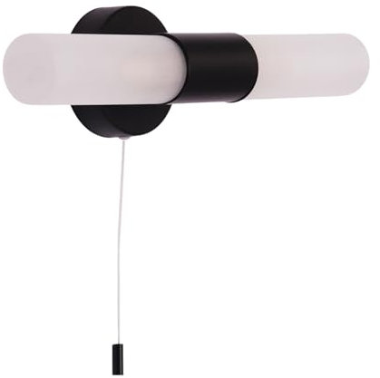 Modern Matte Black IP44 Rated Bathroom Wall Light Fitting with Tubular Frosted Glass Shades | 2 x 5w G9 Required | 32cm x 10cm x 8cm | Pull Switched by Happy Homewares
