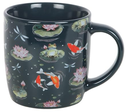 Whimsical Nature Tasse mit Lilienpads, Frösche, Libellen, Koifisch & Lilienblüten, 350 ml, spülmaschinen- und mikrowellengeeignet, ideal für Kaffee, Tee, heiße Schokolade, bezauberndes Teich-Design