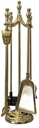 NYSCR Kaminbesteck-Sets, robust, 5-teilig, goldfarbenes Metall, Feuerstelle, Feuerstelle, Kamin, Holzofen, Herdständer mit Zange, Schaufel, antike Bürste, Kaminschürhaken