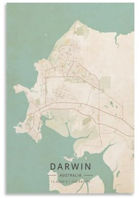 LZTEN Darwin Australien-Karten-Poster, Vintage-Druck, Poster für Zimmer, Ästhetik, Leinwand, Wandkunst, Poster und Druck, ungerahmt, 40 x 60 cm