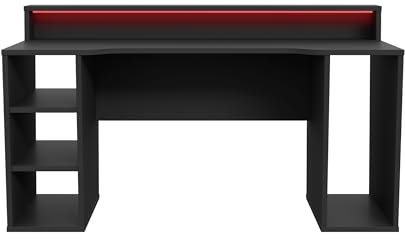 Gamingtisch >TEZAUR< Der Schreibtisch TEZAUR in schwarz matt (160x91x72 cm) überzeugt mit robustem Spanplattenmaterial, LED-Wechselbeleuchtung, 5 offenen Fächern und 50 kg Oberbodenbelastung.