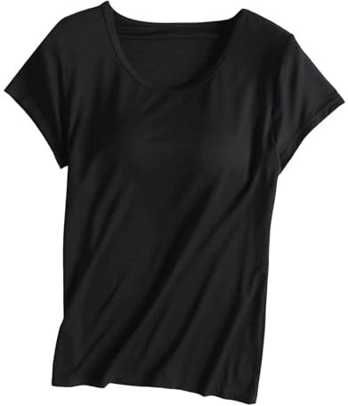 T-Shirt mit integriertem BH für Damen, gepolsterte aktive Oberteile, Kurze Ärmel, Blusen, weiche Tshirt Damen Rundhals Kurzarm T-Shirts Sommer T Shirts Gedruckt Lässig Tee Shirts (11-Black, XXL)
