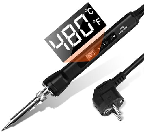 VOKTTA Lötkolben-Set mit LCD-Anzeige, 90W Digitalanzeige Thermostat, AC220V Lötpistole, Einstellbare und Verriegelte Temperaturen 180℃-480℃, Mit keramischem Heizkern, Schweißwerkzeug schwarz