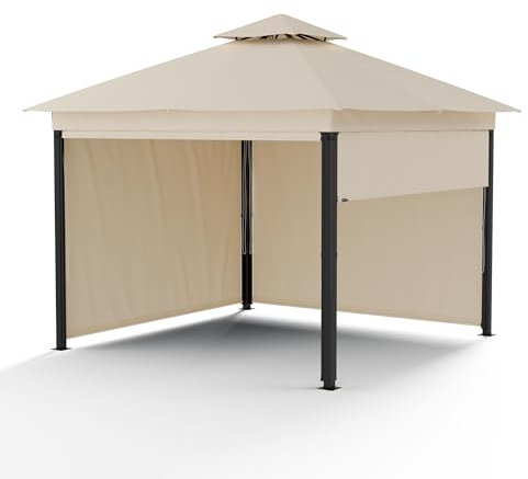 blumfeldt Grandezza Cortina Pavillon 3x3 m – Stahlrahmen, Aufrollbare Seitenteile, Wetterfest & UV30+ Schutz, Gartenpavillon Beige