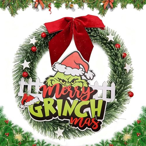 Ghirlanda di Natale, 30cm Ghirlanda del Ladro di Natale con Fiocco Rosso, Fuoriporta Natalizio Decorazione per Porta, Parete, Finestra, Interno ed Esterno (B)