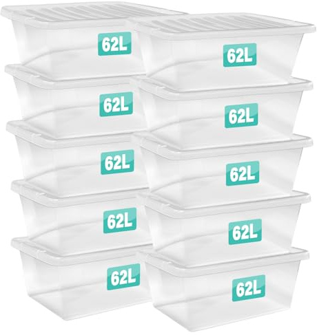 Optimal Products 10 x 62 Litre Clear Plastic Storage Box With Lids UK BRITISH MADE Home Office Stackable Nestable Transparent Plastic Boxes, Size 5,11,24,28,35,45,62 Litre (10 Boxes, 62 Litre)