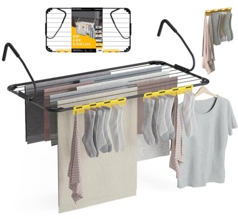 Newlux - Tendedero Balcón XXL Horizon V14 de Metal (107x55.5x28cm). Tendedero barandilla Plegable con Capacidad 14M y Resistencia 10kg. Accesorio Calcetines. Ideal Interiores y Exteriores, Negro