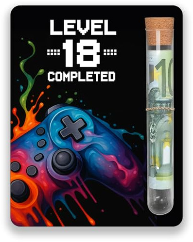 PIujsym Geldgeschenk 18. Geburtstag Holz Gamer Level Completed geldgeschenke geburtstag für 18. geburtstag junge geburtstagskarte 18 mit Reagenzglas Umschlag und Siegel Sticker Deko Geschenkset