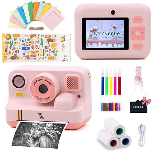 IYOSSEF Appareil Photo Instantané Enfant avec Impression, Mini Appareil Photo Imprimante Couleur, Instant Print Camera avec Kit Déco Mural, Rose