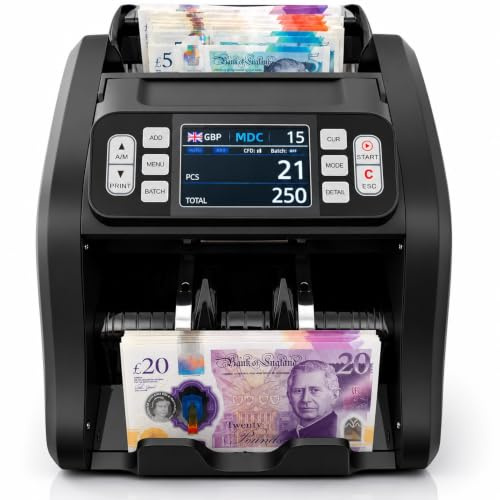 Contatore banconote con rilevamento di contraffazioni – UV/MG/IR – Contatore rapido contanti 200 note – Valore aggiunto (denominazione manuale) e modalità PCS – Funziona con banconote polimeriche del