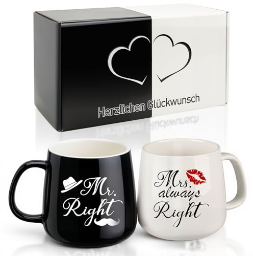 TUZELIYA Mr. Right & Mrs. Always Right Partnertassen Set – Hochzeitsgeschenk für Brautpaare, Frauen & Männer - Schwarz und Weiß Tassen Paar geschenke & Jahrestagsgeschenke für Ihn Sie