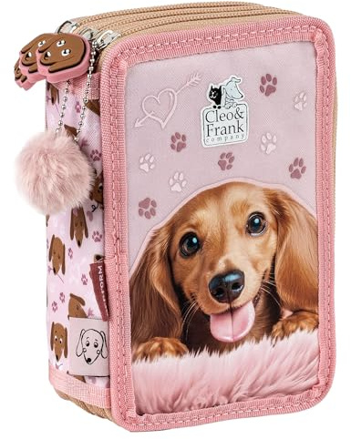Hund Welpen Hündchen, 3-Fach Federtasche Federmappe, 44 tlg. gefüllt für Kinder Jungen Mädchen, rosa, 20 x 13 x 7 cm