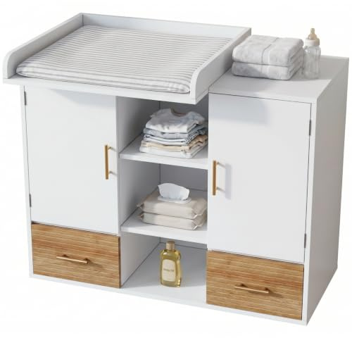 IHUESHO Multifunktionale Wickelkommode 114 cm mit Abnehmbarem Aufsatz | 92cm Komforthöhe für den Rücken. 9 Staufächer. Stabiler MDF-Korpus & Antikipp-Sicherung. Langzeitnutzung, 25kg Tragkraft