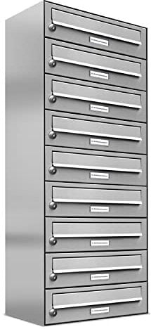 AL Briefkastensysteme 9er Briefkastenanlage Edelstahl, Premium Briefkasten DIN A4, 9 Fach Postkasten modern Aufputz