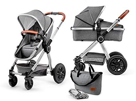 Kinderkraft Kinderwagen 2 in 1 VEO, Kinderwagenset, Kombikinderwagen, Sportwagen, Buggy und Tragewanne in Einem, Zubehör, Zweistufige Federung, Große Räder, Einfaches Zusammenklappen, Grau