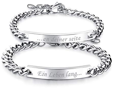 JewelryWe Schmuck 2pcs Partnerarmband Freudschaftsarmband Valentinstag Paar Geschenk, Edelstahl Panzerkette Armband Pärchen Armreifen mit Gravur EIN Leben Lang und an Deiner Seite für Herren Damen