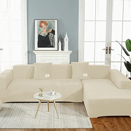 OKJK Samt Sofaüberwurf Stretch All-Inclusive Couchbezug Eckcouch, Wohnzimmer Vier Jahreszeiten universeller l Form Sofabezug, Pflegeleichter Sofaschutz (Off-White,Part A-A 235-300cm)