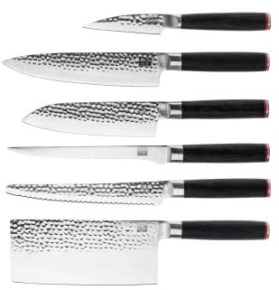 Le Set Complet : 6 couteaux (couteau d'office + santoku + gyuto + filet de sole + couteau à pain + hachoir)