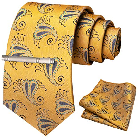 JEMYGINS Krawatte Herren Gestreifte Karierte Krawatte Inklusive Einstecktuch Krawattenklammer Set gelb blau Paisley 36