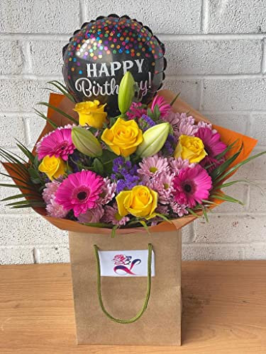 Stunning Birthday Bouquet with Balloon Gift Bag | Fresh Yellow Roses, Pink Gerberas, Lilies and Chrysanthemums | Florist-Designed Floral Arrangement for Birthday Delivery Celebration