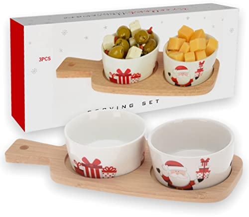 Set de 3 piezas de Navidad X-MAS de madera con 2 cuencos de porcelana blanca 25 x 10 x 5 cm