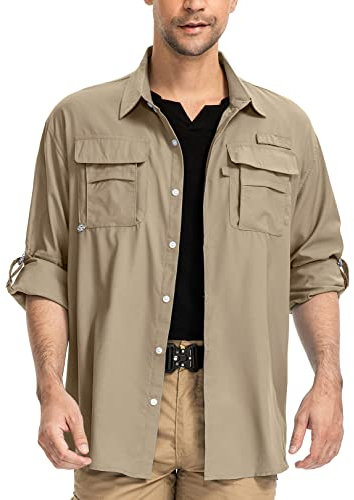 yeyity Herren Safari Hemd UPF50 UV Schutz Langarm Outdoor Hemd Casual Freizeithemden Schnelltrocknendes Funktionshemd für Wandern Angeln Reisen Trekking(5052,Khaki,M)