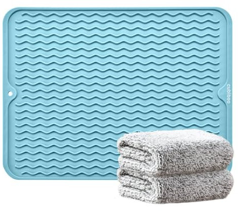 CUBIBOO Alfombrilla de Silicona para Cocina 30x40cm + 2 Paños de Cocina en gris 30x30cm - Escurreplatos Sobre Fregadero - Alfombrilla Escurreplatos Silicona - Escurreplatos Silicona (Turquesa)